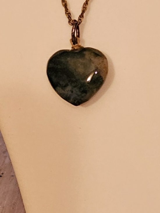 Jewelry - Stone Heart Pendant Necklace in Dark Green with Gold Bail. 2 Sided.
